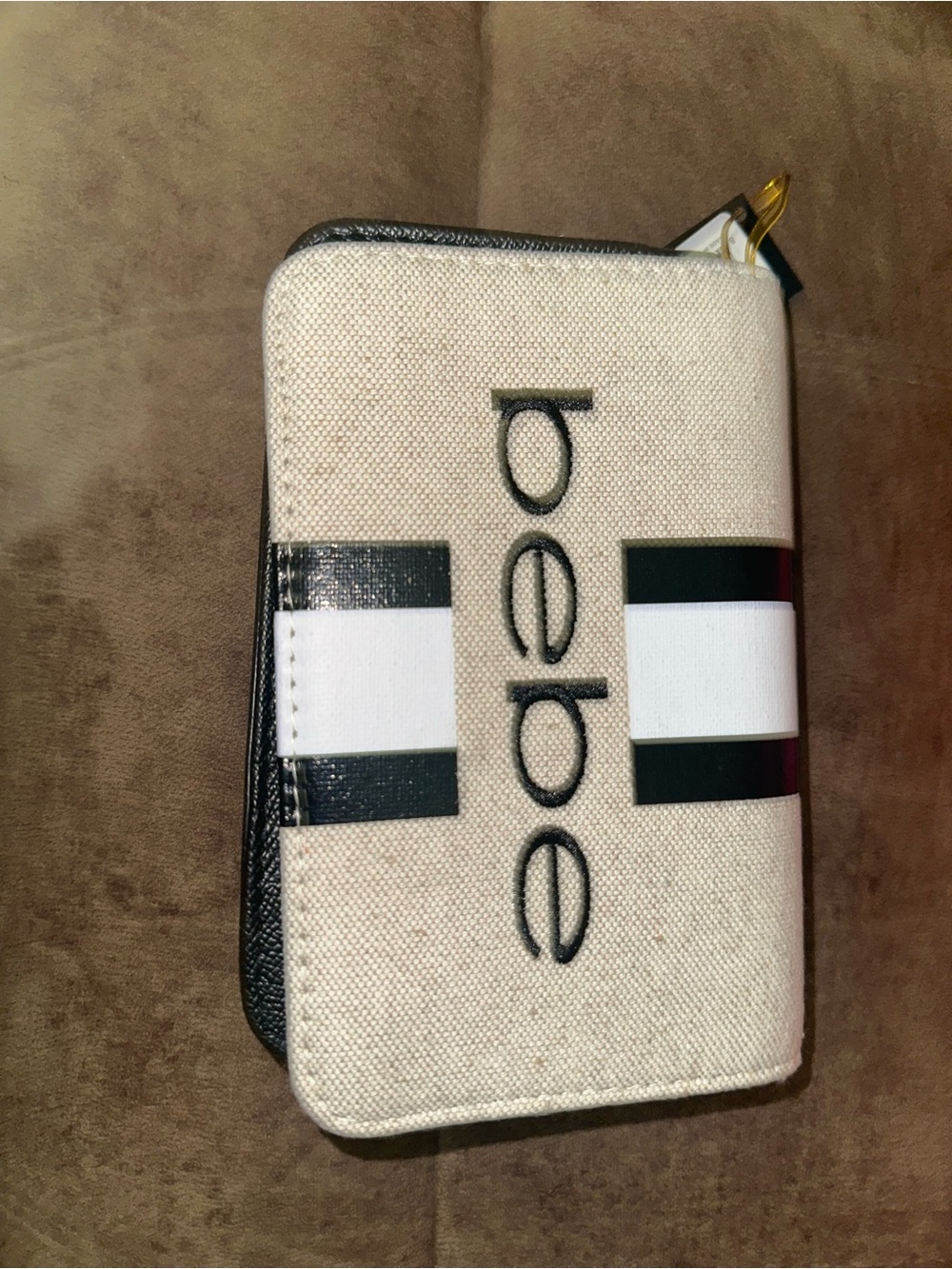 bebe Beige Canvas Zip Wallet with Black and White Stripe
